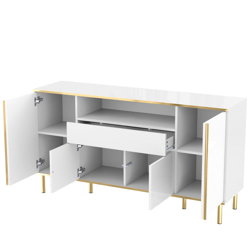 Grand Buffet Blanc Brillant avec Accents Dorés, LED Intégrées et Rangement Multifonctionnel YIRELL WHITE
