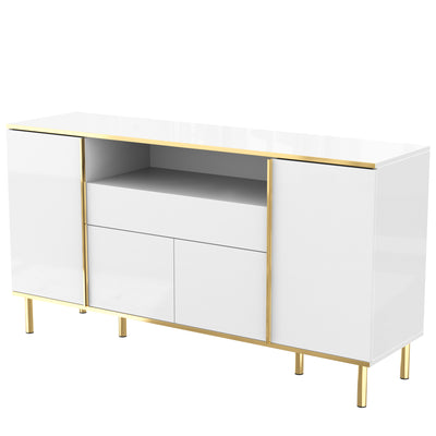Grand Buffet Blanc Brillant avec Accents Dorés, LED Intégrées et Rangement Multifonctionnel YIRELL WHITE