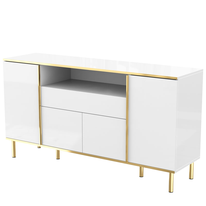 Grand Buffet Blanc Brillant avec Accents Dorés, LED Intégrées et Rangement Multifonctionnel YIRELL WHITE