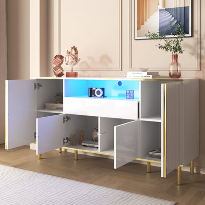 Grand Buffet Blanc Brillant avec Accents Dorés, LED Intégrées et Rangement Multifonctionnel YIRELL WHITE