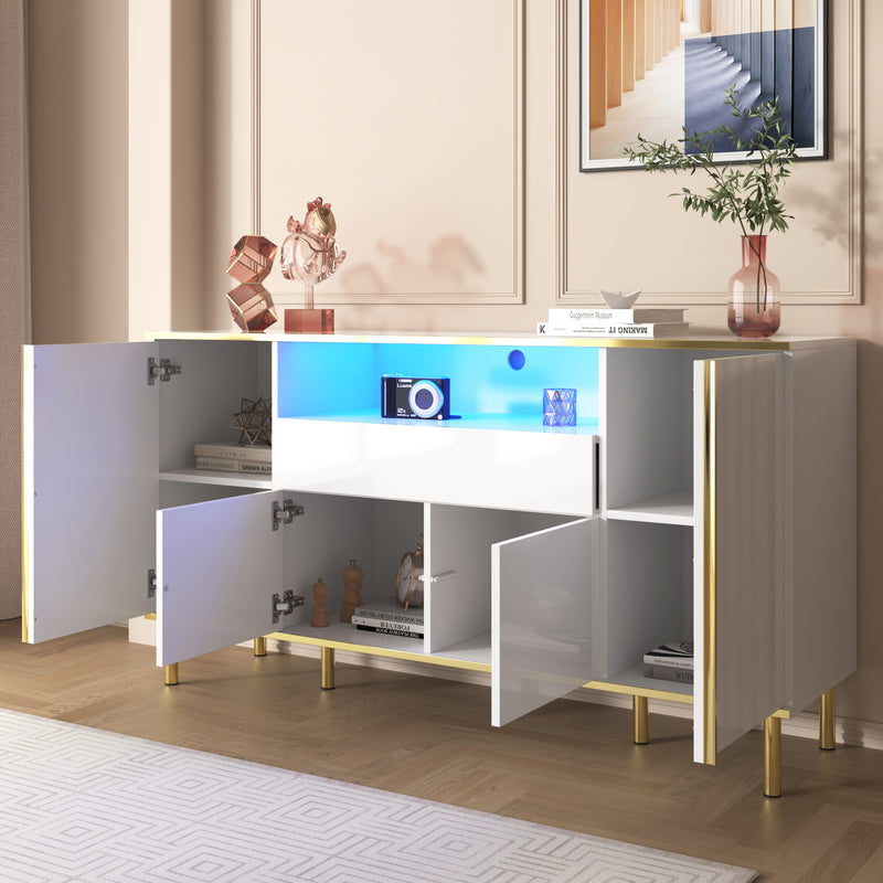 Grand Buffet Blanc Brillant avec Accents Dorés, LED Intégrées et Rangement Multifonctionnel YIRELL WHITE