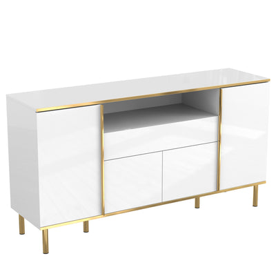 Grand Buffet Blanc Brillant avec Accents Dorés, LED Intégrées et Rangement Multifonctionnel YIRELL WHITE