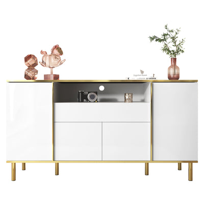 Grand Buffet Blanc Brillant avec Accents Dorés, LED Intégrées et Rangement Multifonctionnel YIRELL WHITE