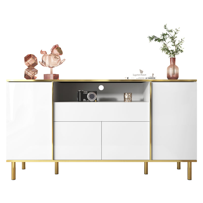 Grand Buffet Blanc Brillant avec Accents Dorés, LED Intégrées et Rangement Multifonctionnel YIRELL WHITE