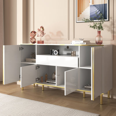 Grand Buffet Blanc Brillant avec Accents Dorés, LED Intégrées et Rangement Multifonctionnel YIRELL WHITE