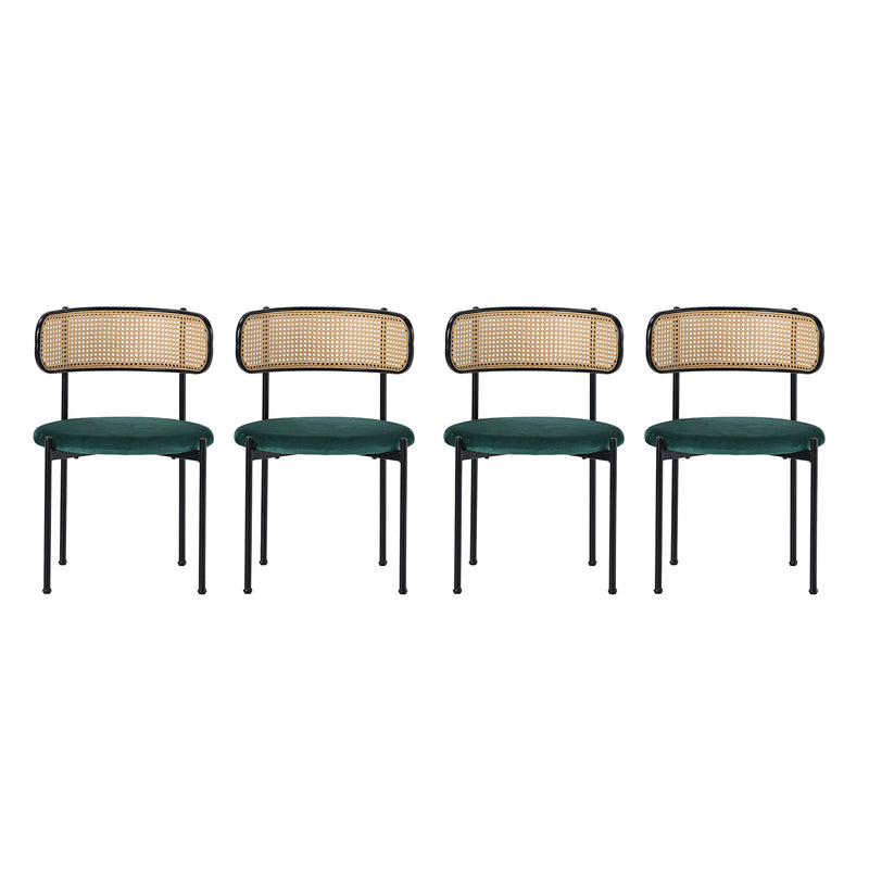 Lot de 4 Chaises de Salle à Manger Modernes - Velours Vert, Dossier Rotin et Pieds Métal Noir YUHRAR GREEN