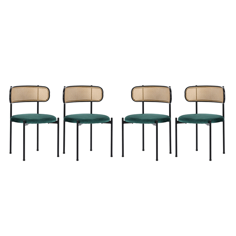 Lot de 4 Chaises de Salle à Manger Modernes - Velours Vert, Dossier Rotin et Pieds Métal Noir YUHRAR GREEN