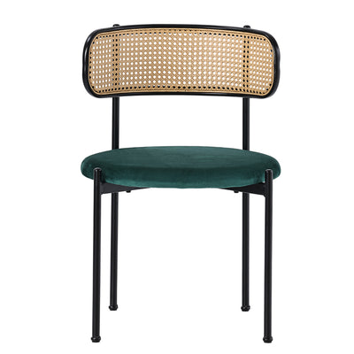 Lot de 4 Chaises de Salle à Manger Modernes - Velours Vert, Dossier Rotin et Pieds Métal Noir YUHRAR GREEN