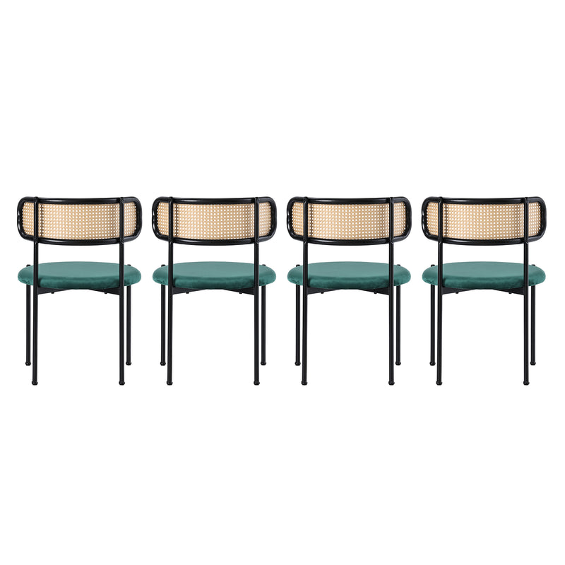 Lot de 4 Chaises de Salle à Manger Modernes - Velours Vert, Dossier Rotin et Pieds Métal Noir YUHRAR GREEN