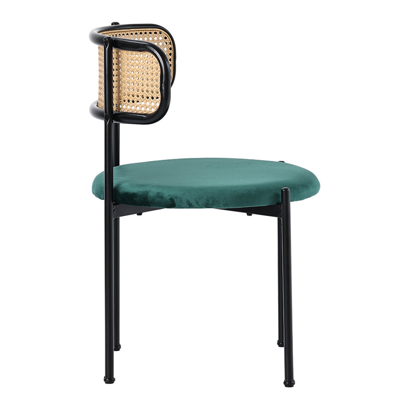 Lot de 4 Chaises de Salle à Manger Modernes - Velours Vert, Dossier Rotin et Pieds Métal Noir YUHRAR GREEN