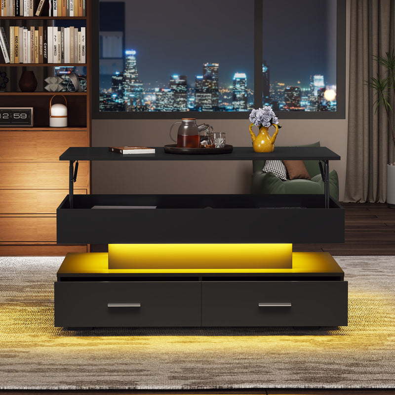 Table Basse Noire Hydraulique à Plateau Relevable avec LED Intégrée et Rangement Optimisé ZAKS BLACK