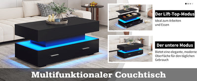 Table Basse Noire Hydraulique à Plateau Relevable avec LED Intégrée et Rangement Optimisé ZAKS BLACK