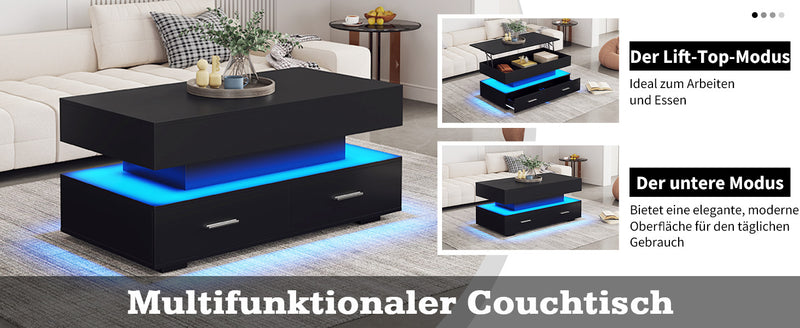 Table Basse Noire Hydraulique à Plateau Relevable avec LED Intégrée et Rangement Optimisé ZAKS BLACK