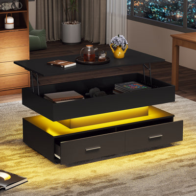 Table Basse Noire Hydraulique à Plateau Relevable avec LED Intégrée et Rangement Optimisé ZAKS BLACK
