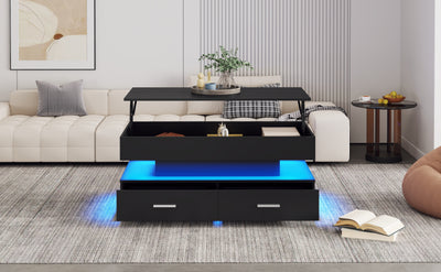 Table Basse Noire Hydraulique à Plateau Relevable avec LED Intégrée et Rangement Optimisé ZAKS BLACK
