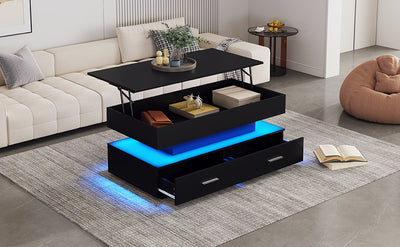 Table Basse Noire Hydraulique à Plateau Relevable avec LED Intégrée et Rangement Optimisé ZAKS BLACK