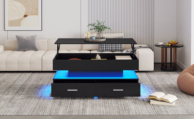 Table Basse Noire Hydraulique à Plateau Relevable avec LED Intégrée et Rangement Optimisé ZAKS BLACK