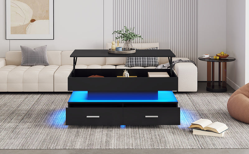 Table Basse Noire Hydraulique à Plateau Relevable avec LED Intégrée et Rangement Optimisé ZAKS BLACK