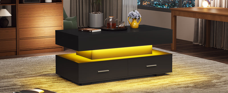 Table Basse Noire Hydraulique à Plateau Relevable avec LED Intégrée et Rangement Optimisé ZAKS BLACK