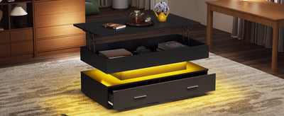 Table Basse Noire Hydraulique à Plateau Relevable avec LED Intégrée et Rangement Optimisé ZAKS BLACK