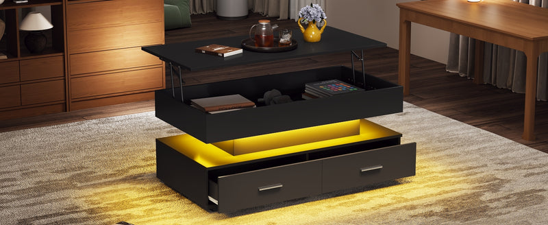Table Basse Noire Hydraulique à Plateau Relevable avec LED Intégrée et Rangement Optimisé ZAKS BLACK