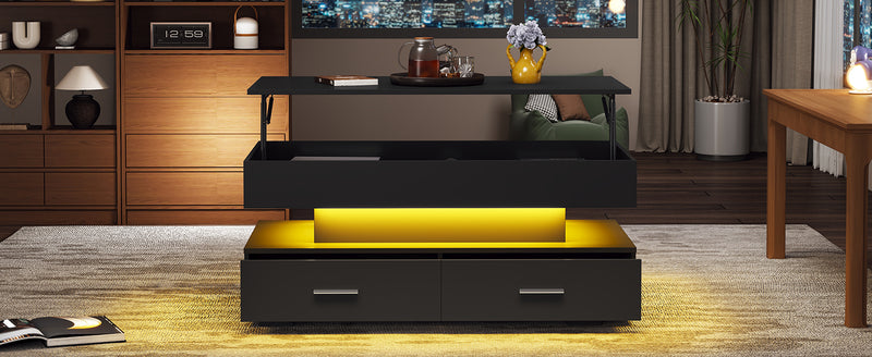 Table Basse Noire Hydraulique à Plateau Relevable avec LED Intégrée et Rangement Optimisé ZAKS BLACK