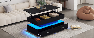 Table Basse Noire Hydraulique à Plateau Relevable avec LED Intégrée et Rangement Optimisé ZAKS BLACK