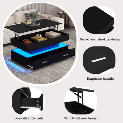 Table Basse Noire Hydraulique à Plateau Relevable avec LED Intégrée et Rangement Optimisé ZAKS BLACK