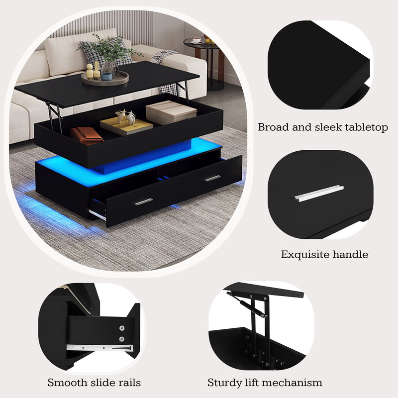 Table Basse Noire Hydraulique à Plateau Relevable avec LED Intégrée et Rangement Optimisé ZAKS BLACK
