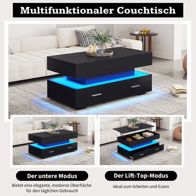 Table Basse Noire Hydraulique à Plateau Relevable avec LED Intégrée et Rangement Optimisé ZAKS BLACK