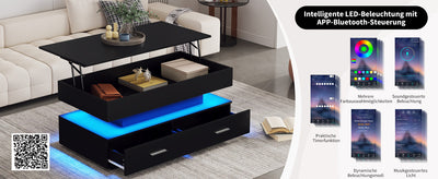Table Basse Noire Hydraulique à Plateau Relevable avec LED Intégrée et Rangement Optimisé ZAKS BLACK