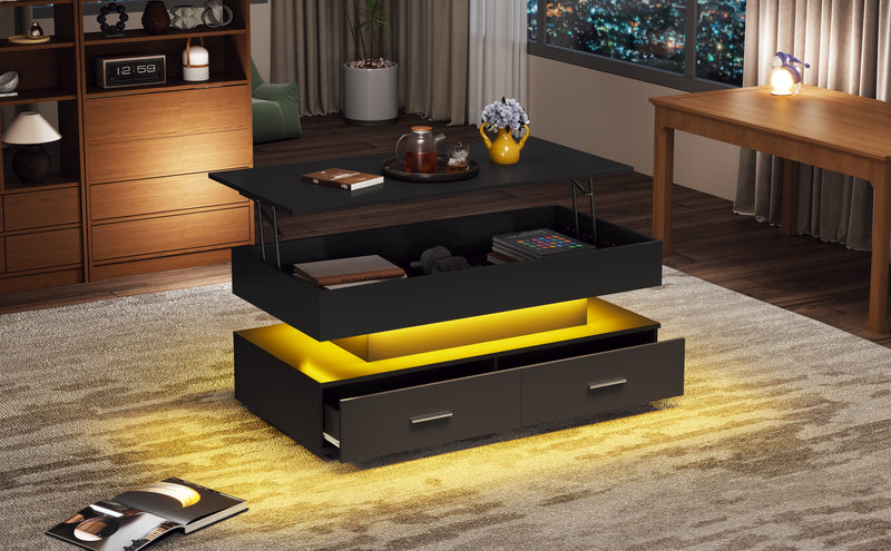 Table Basse Noire Hydraulique à Plateau Relevable avec LED Intégrée et Rangement Optimisé ZAKS BLACK