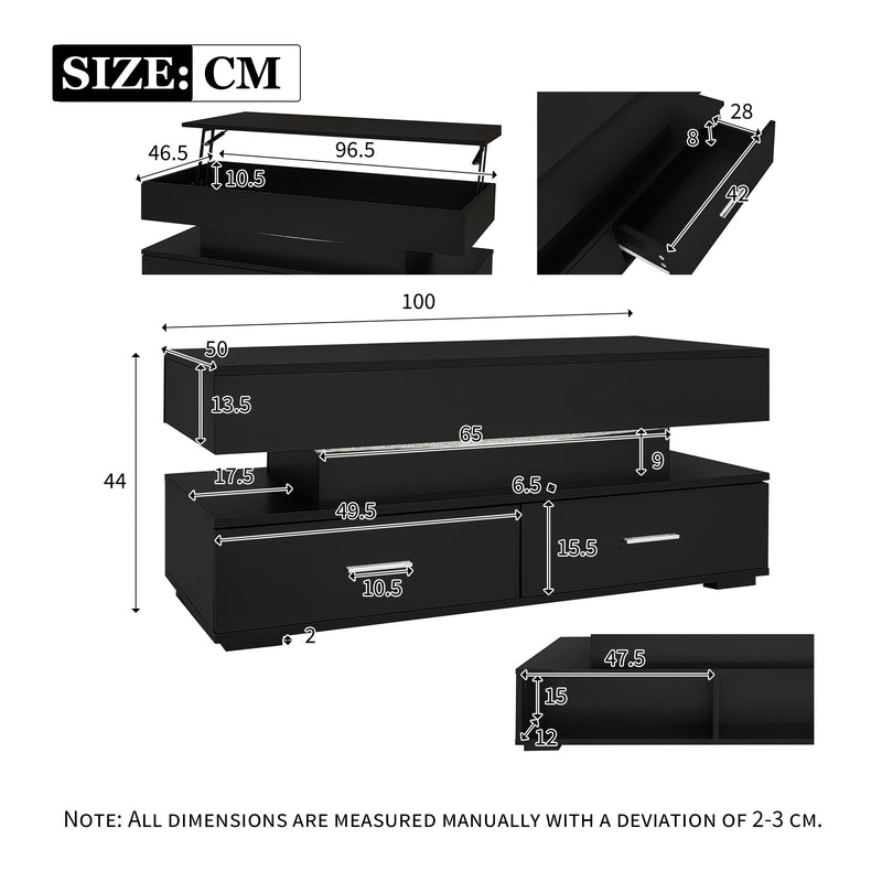 Table Basse Noire Hydraulique à Plateau Relevable avec LED Intégrée et Rangement Optimisé ZAKS BLACK