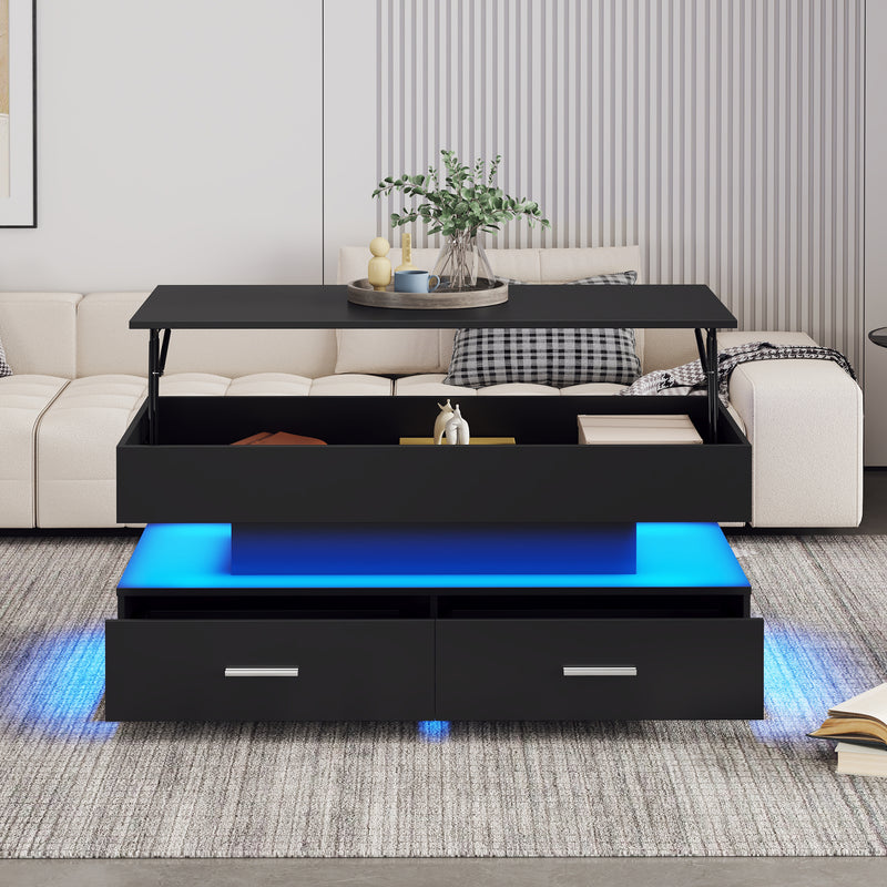 Table Basse Noire Hydraulique à Plateau Relevable avec LED Intégrée et Rangement Optimisé ZAKS BLACK