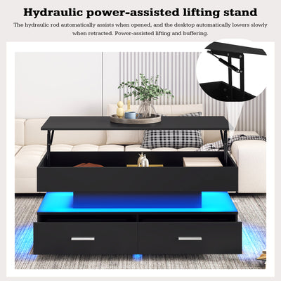 Table Basse Noire Hydraulique à Plateau Relevable avec LED Intégrée et Rangement Optimisé ZAKS BLACK