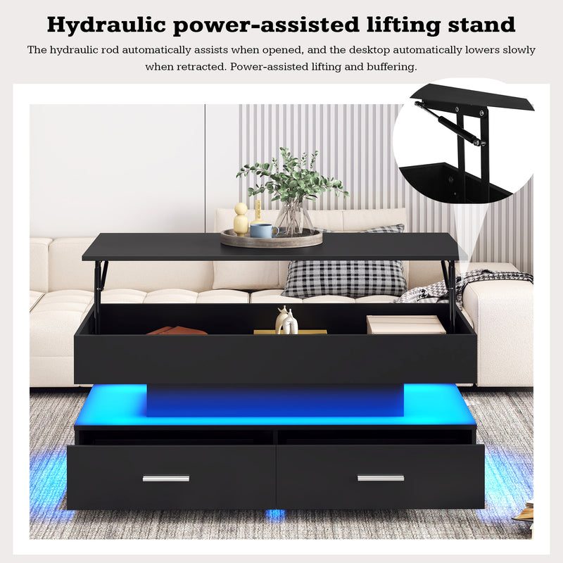 Table Basse Noire Hydraulique à Plateau Relevable avec LED Intégrée et Rangement Optimisé ZAKS BLACK