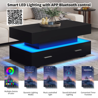 Table Basse Noire Hydraulique à Plateau Relevable avec LED Intégrée et Rangement Optimisé ZAKS BLACK