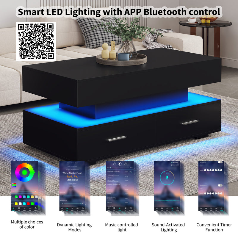 Table Basse Noire Hydraulique à Plateau Relevable avec LED Intégrée et Rangement Optimisé ZAKS BLACK