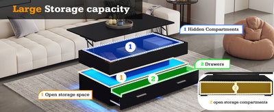 Table Basse Noire Hydraulique à Plateau Relevable avec LED Intégrée et Rangement Optimisé ZAKS BLACK