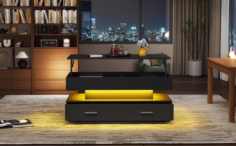 Table Basse Noire Hydraulique à Plateau Relevable avec LED Intégrée et Rangement Optimisé ZAKS BLACK