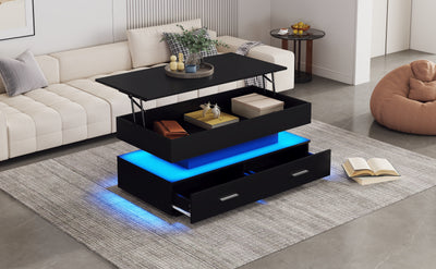 Table Basse Noire Hydraulique à Plateau Relevable avec LED Intégrée et Rangement Optimisé ZAKS BLACK