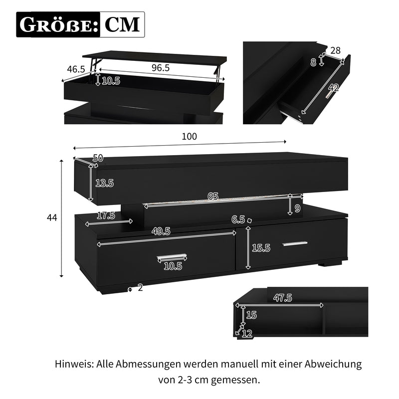 Table Basse Noire Hydraulique à Plateau Relevable avec LED Intégrée et Rangement Optimisé ZAKS BLACK