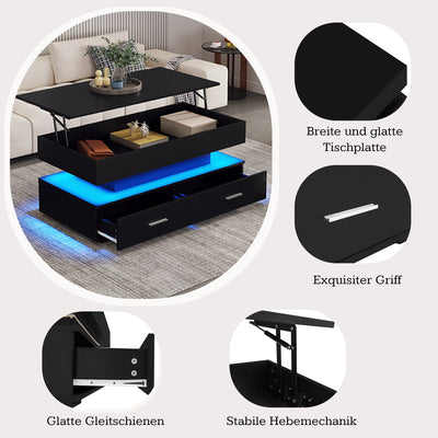 Table Basse Noire Hydraulique à Plateau Relevable avec LED Intégrée et Rangement Optimisé ZAKS BLACK