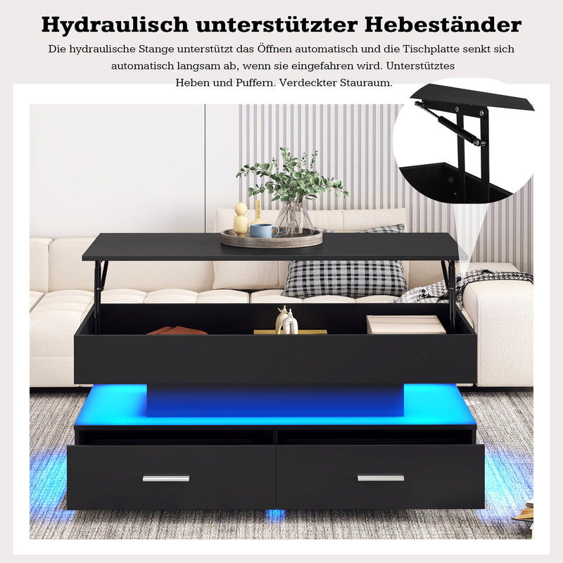Table Basse Noire Hydraulique à Plateau Relevable avec LED Intégrée et Rangement Optimisé ZAKS BLACK