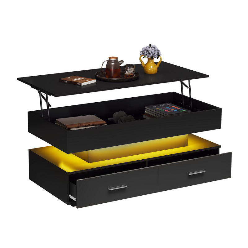 Table Basse Noire Hydraulique à Plateau Relevable avec LED Intégrée et Rangement Optimisé ZAKS BLACK
