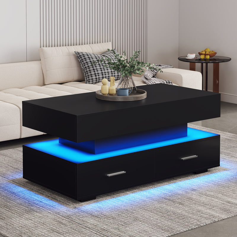 Table Basse Noire Hydraulique à Plateau Relevable avec LED Intégrée et Rangement Optimisé ZAKS BLACK