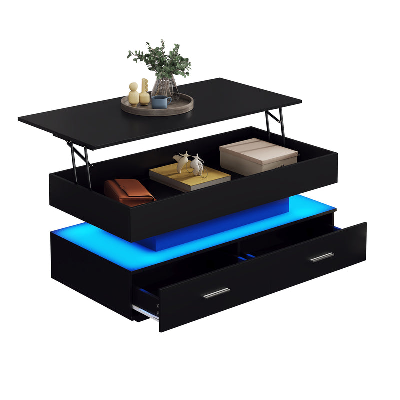 Table Basse Noire Hydraulique à Plateau Relevable avec LED Intégrée et Rangement Optimisé ZAKS BLACK