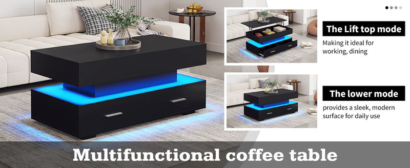 Table Basse Noire Hydraulique à Plateau Relevable avec LED Intégrée et Rangement Optimisé ZAKS BLACK