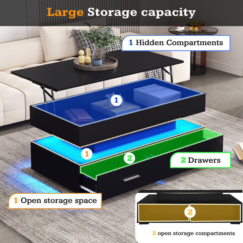 Table Basse Noire Hydraulique à Plateau Relevable avec LED Intégrée et Rangement Optimisé ZAKS BLACK