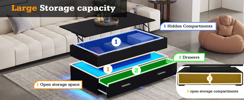 Table Basse Noire Hydraulique à Plateau Relevable avec LED Intégrée et Rangement Optimisé ZAKS BLACK